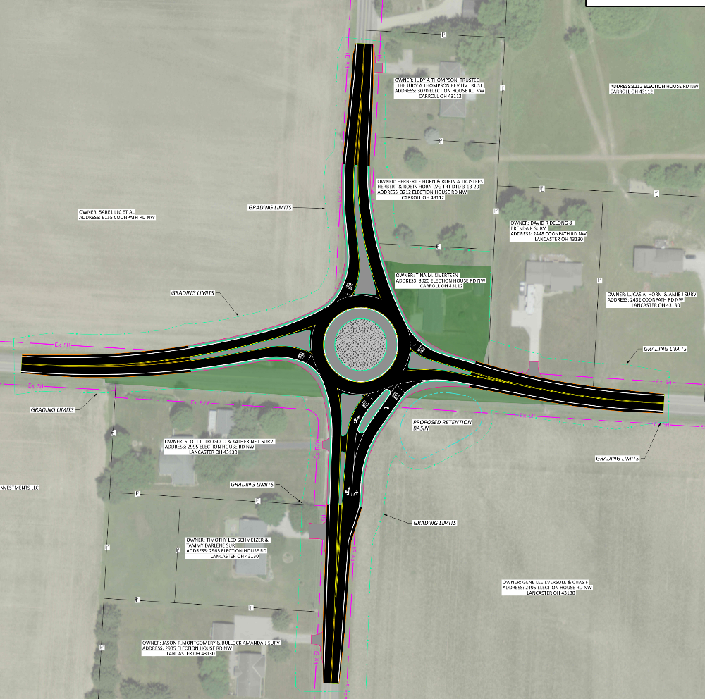 Aerial plan view of the proposed roundabout at Coonpath Road and Election House Road, showing the roundabout island, the new northbound right turn lane on Election House Road, a proposed retention basin southeast of the intersection, grading limits, and adjacent property owners and addresses.