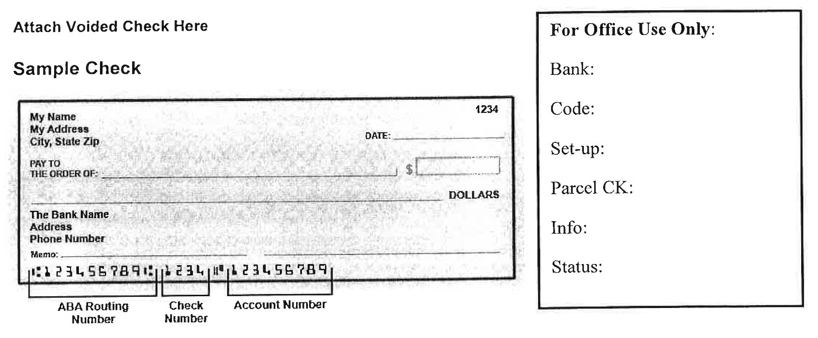 Sample check showing routing number, check number, and account number