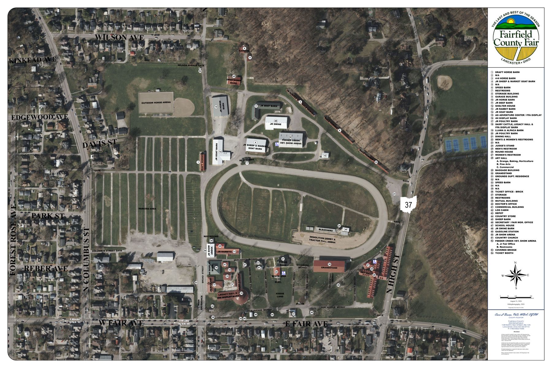 Aerial map of the Fairfield County Fairgrounds in Lancaster, Ohio, with numbered barns, arenas, midways, gates, parking, and the racetrack identified in a numbered legend