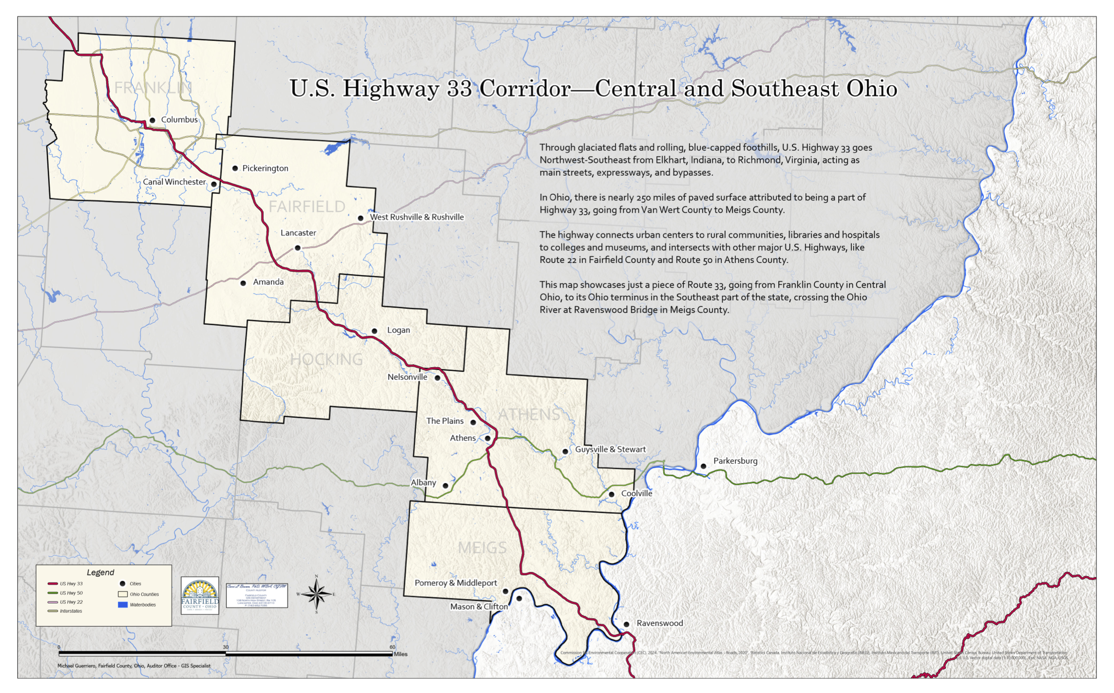 Map of U.S. Highway 33 from Franklin County in central Ohio southeast to Meigs County, where it crosses the Ohio River into West Virginia