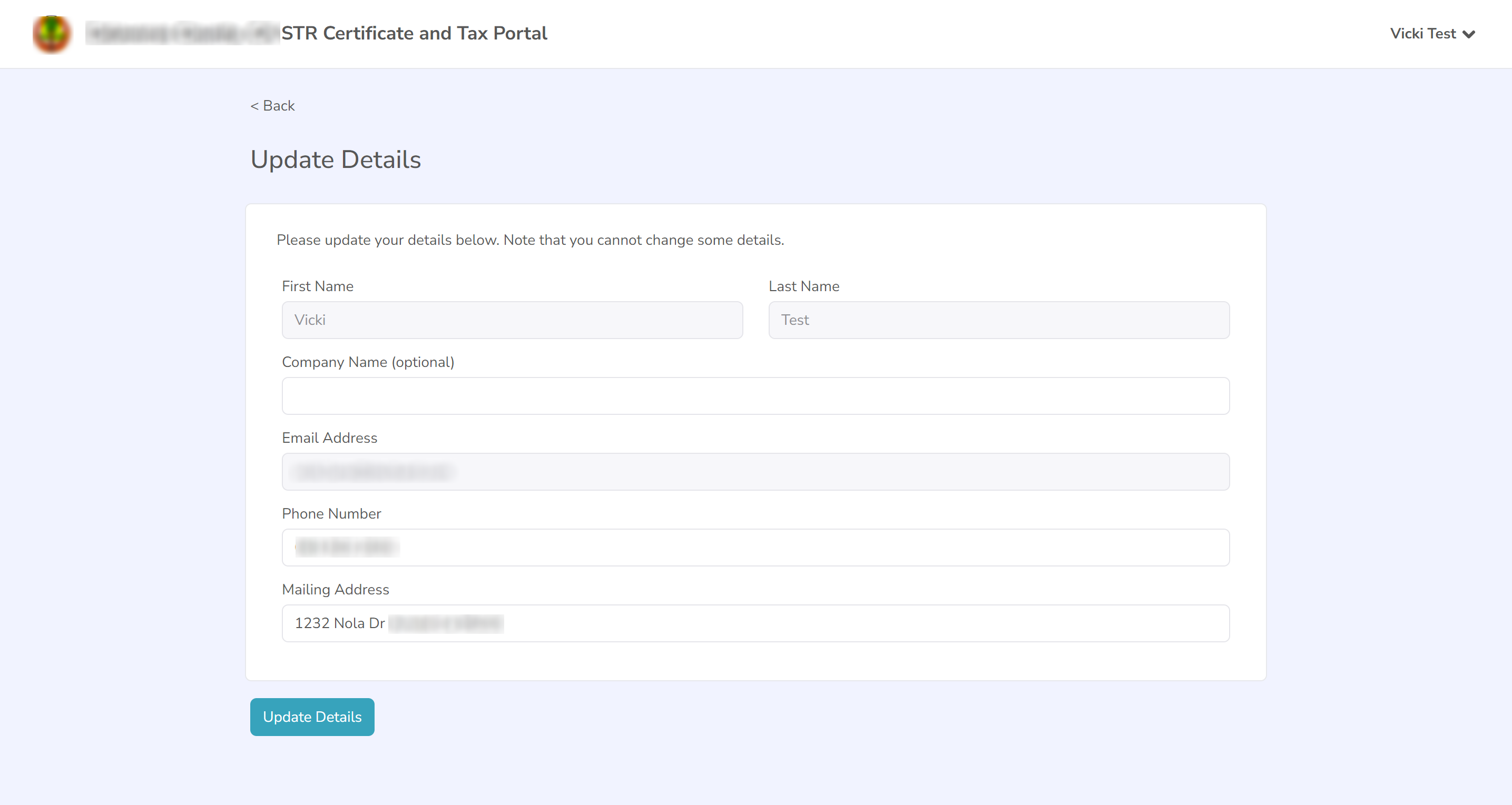 Screenshot of the Update Details page with account information fields and an Update Details button.