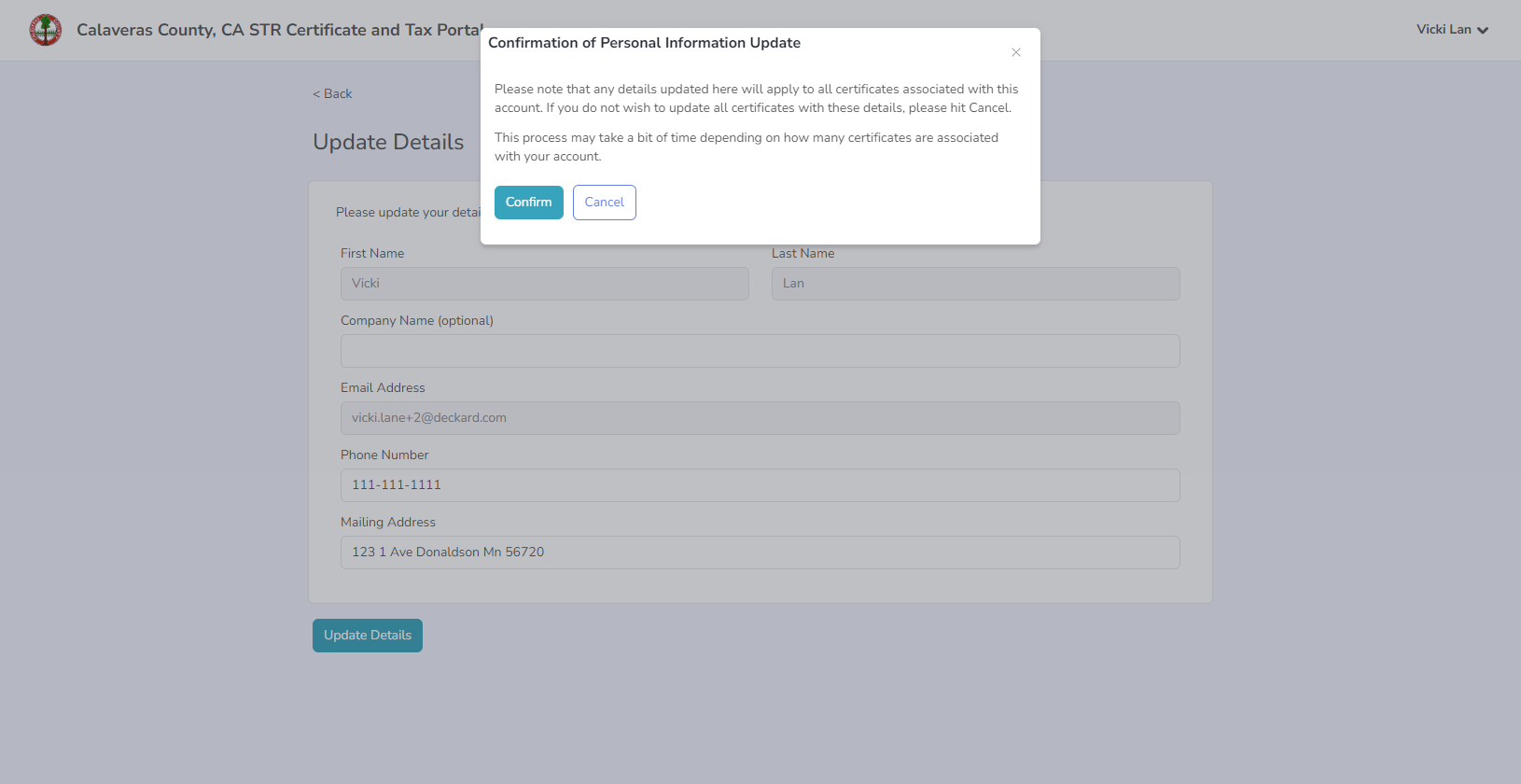 Screenshot of the personal information update confirmation dialog with Confirm and Cancel buttons.