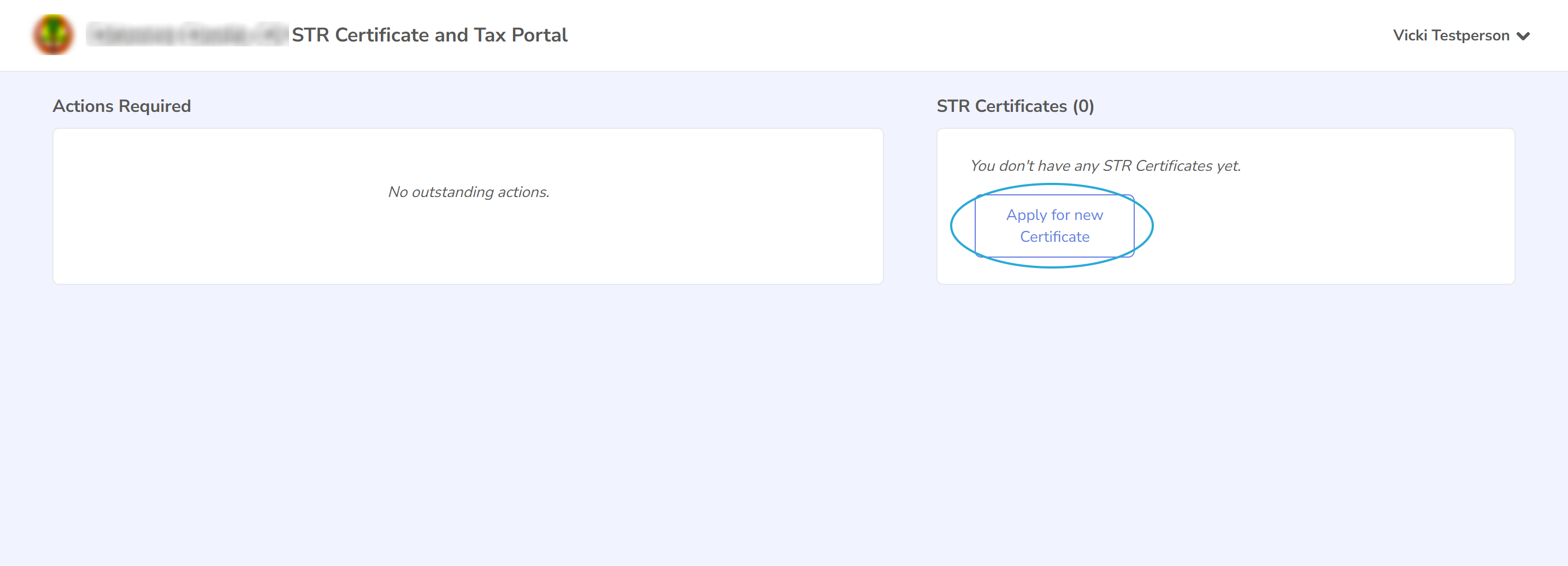 Screenshot of the dashboard with the Apply for a new Short-Term Rental Registration button highlighted.