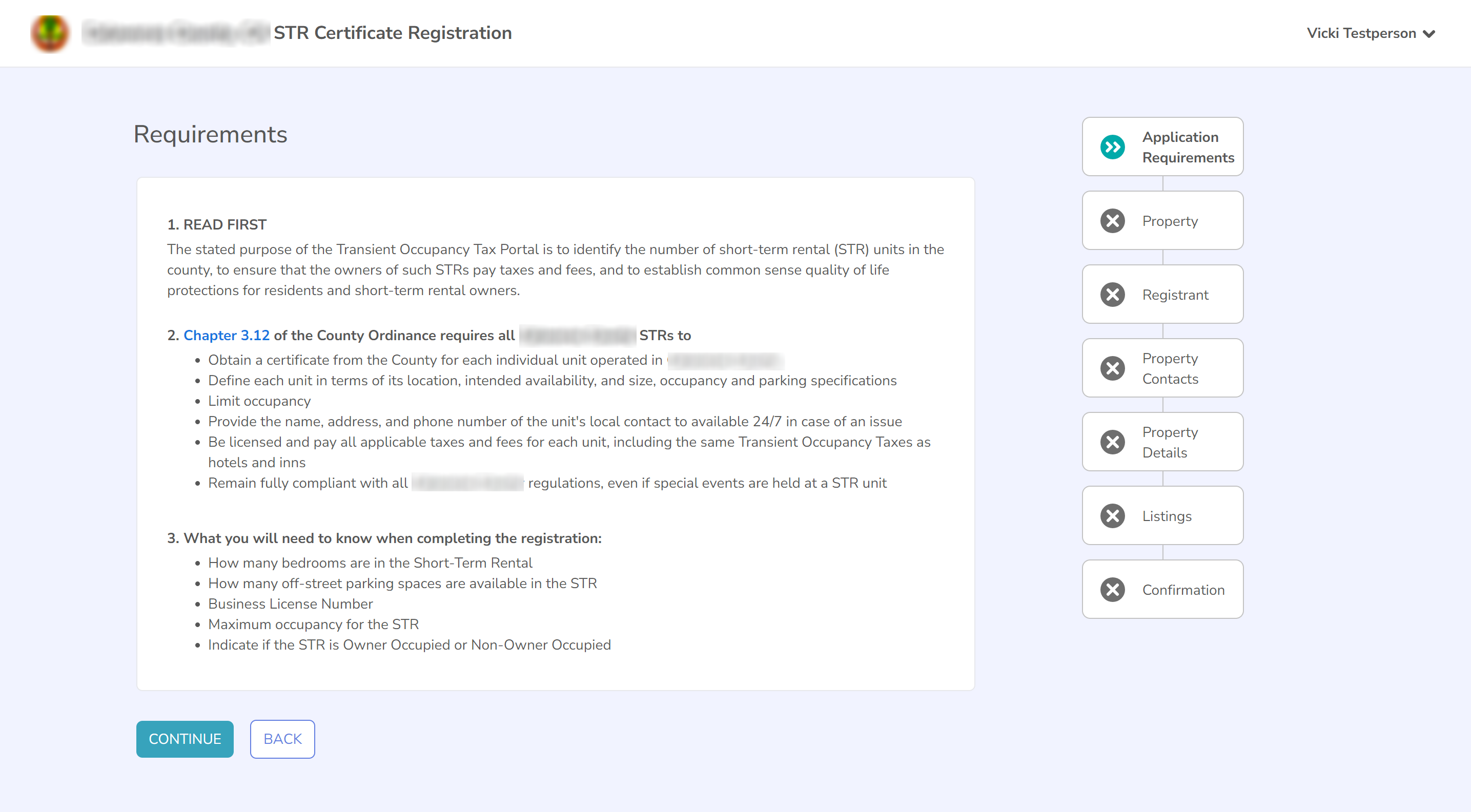 Screenshot of the Application Requirements page with the application step list on the right side.