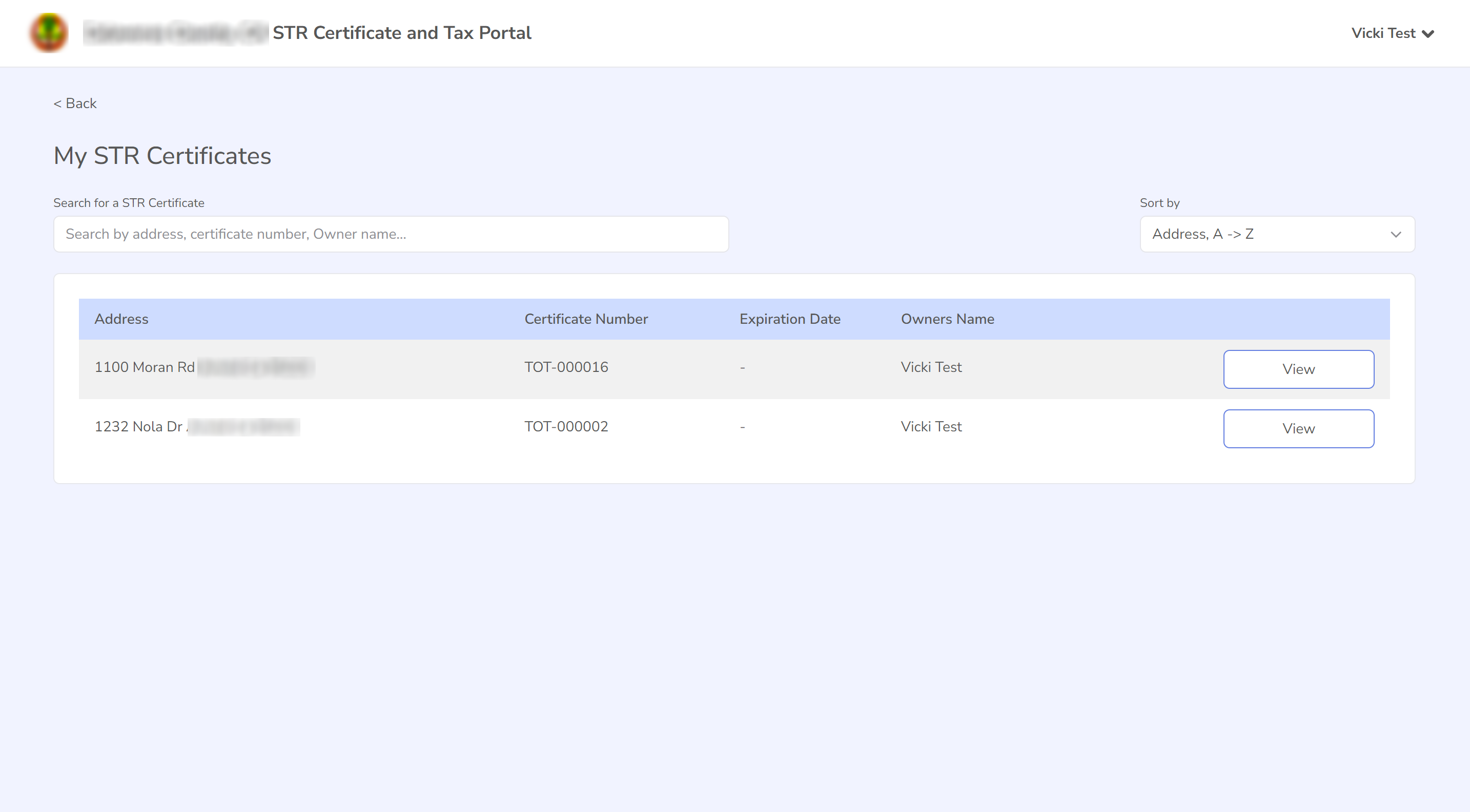 Screenshot of the My STR Certificates page listing permits with View buttons.
