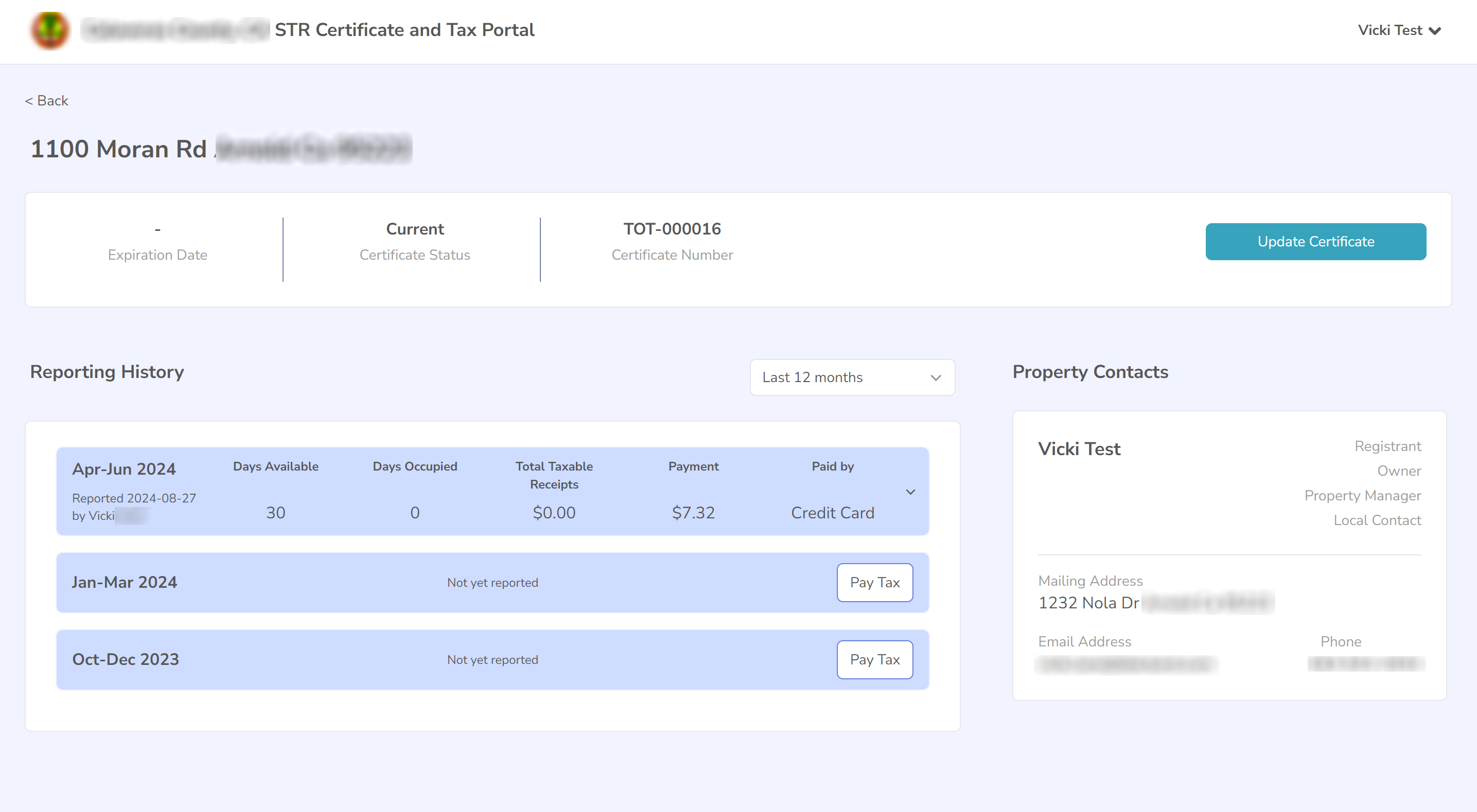 Screenshot of an individual permit details page with reporting history, property contacts and Update Certificate button.