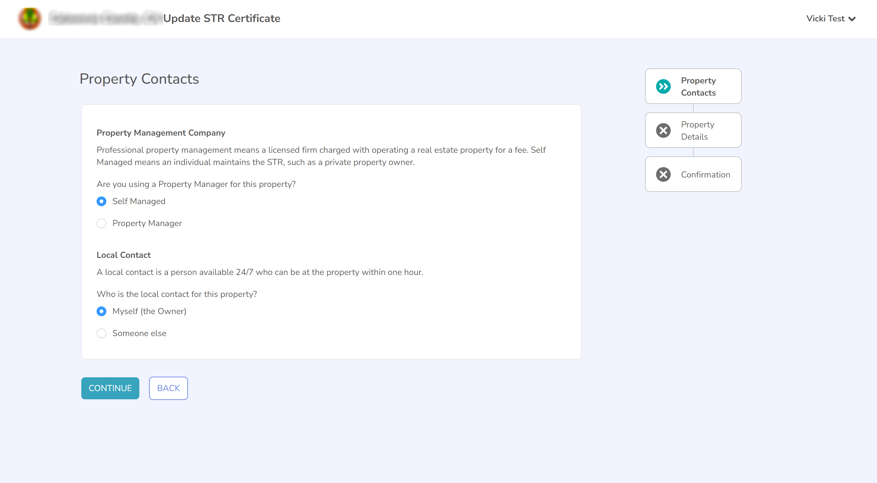 Screenshot of the Update STR Certificate flow showing Property Contacts options and Continue button.