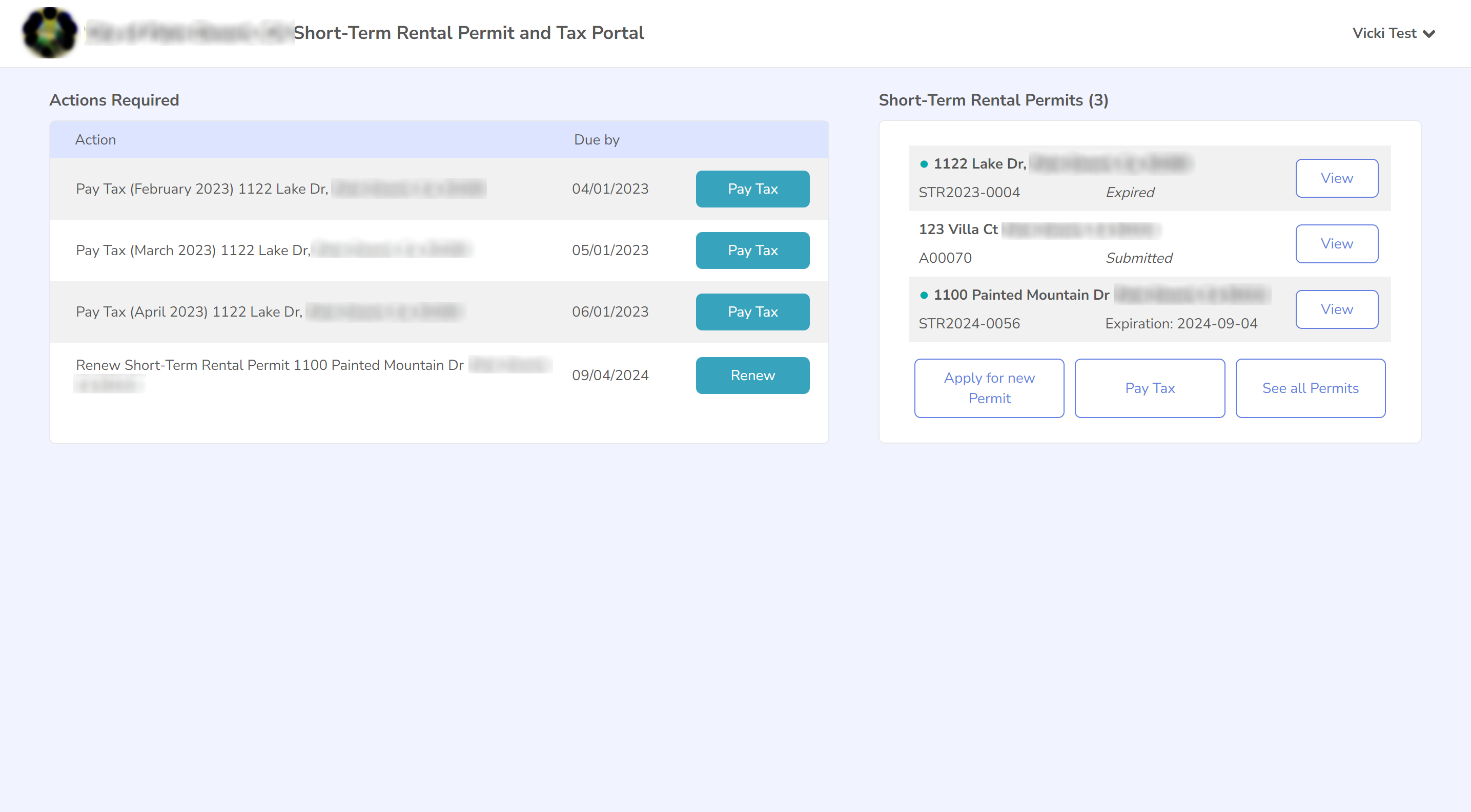 Screenshot of the dashboard Actions Required box showing Pay Tax and Renew action buttons.