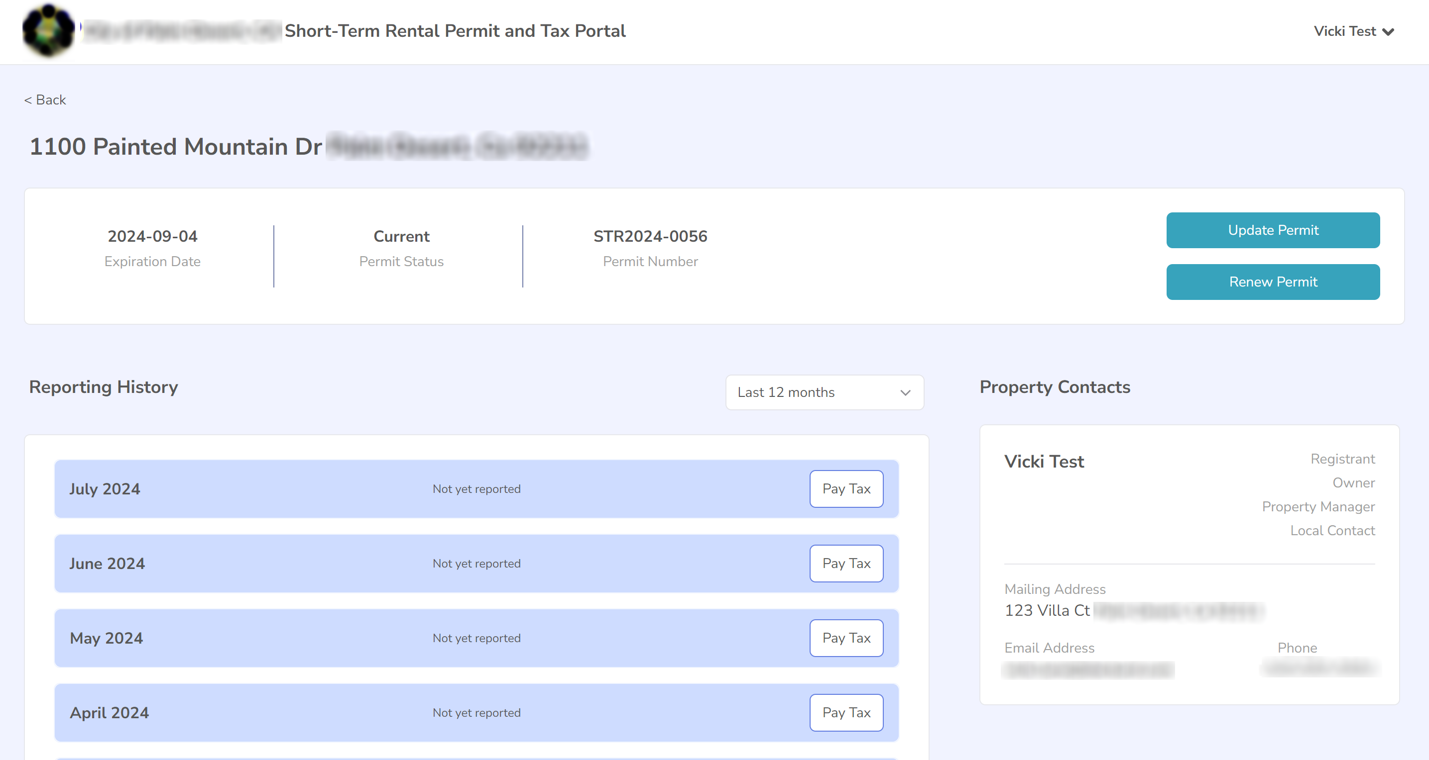 Screenshot of an individual permit page with Update Permit and Renew Permit buttons.