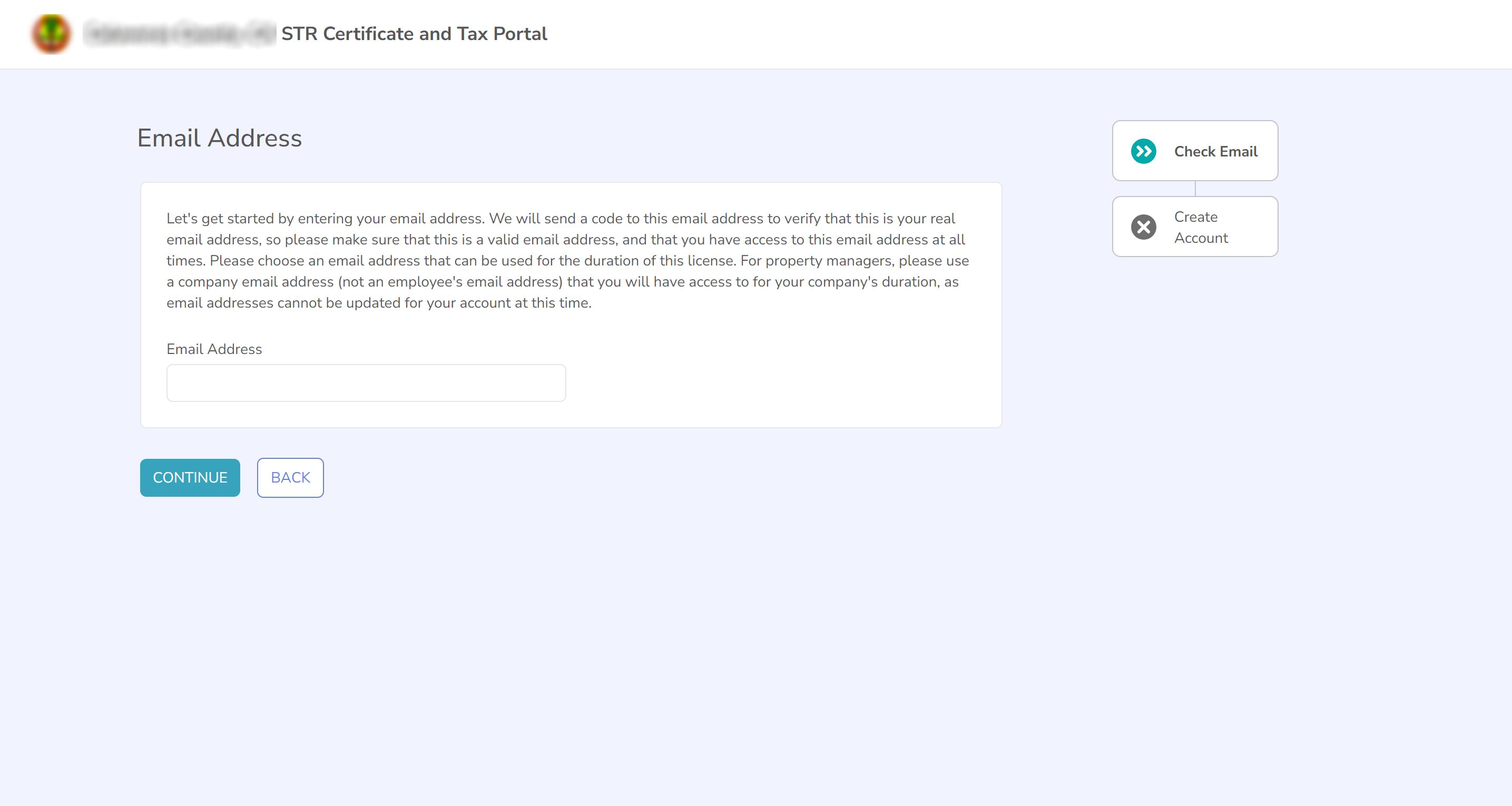 Screenshot of the Email Address step in the new account process with Continue and Back buttons.