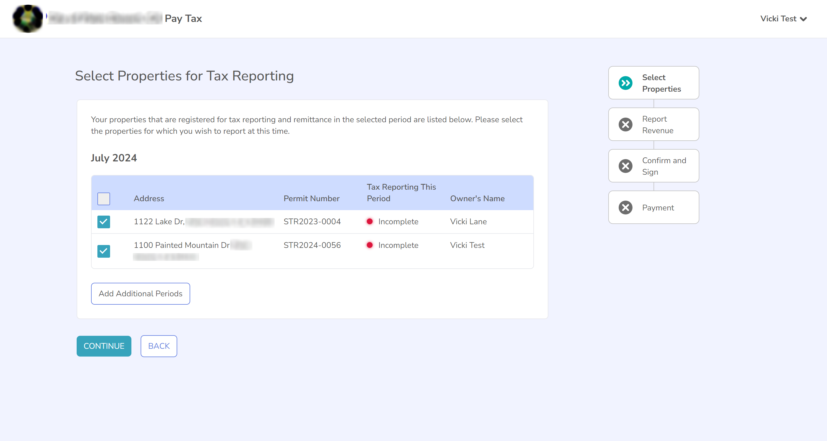 Screenshot of the Select Properties for Tax Reporting screen with property checkboxes and Continue button.