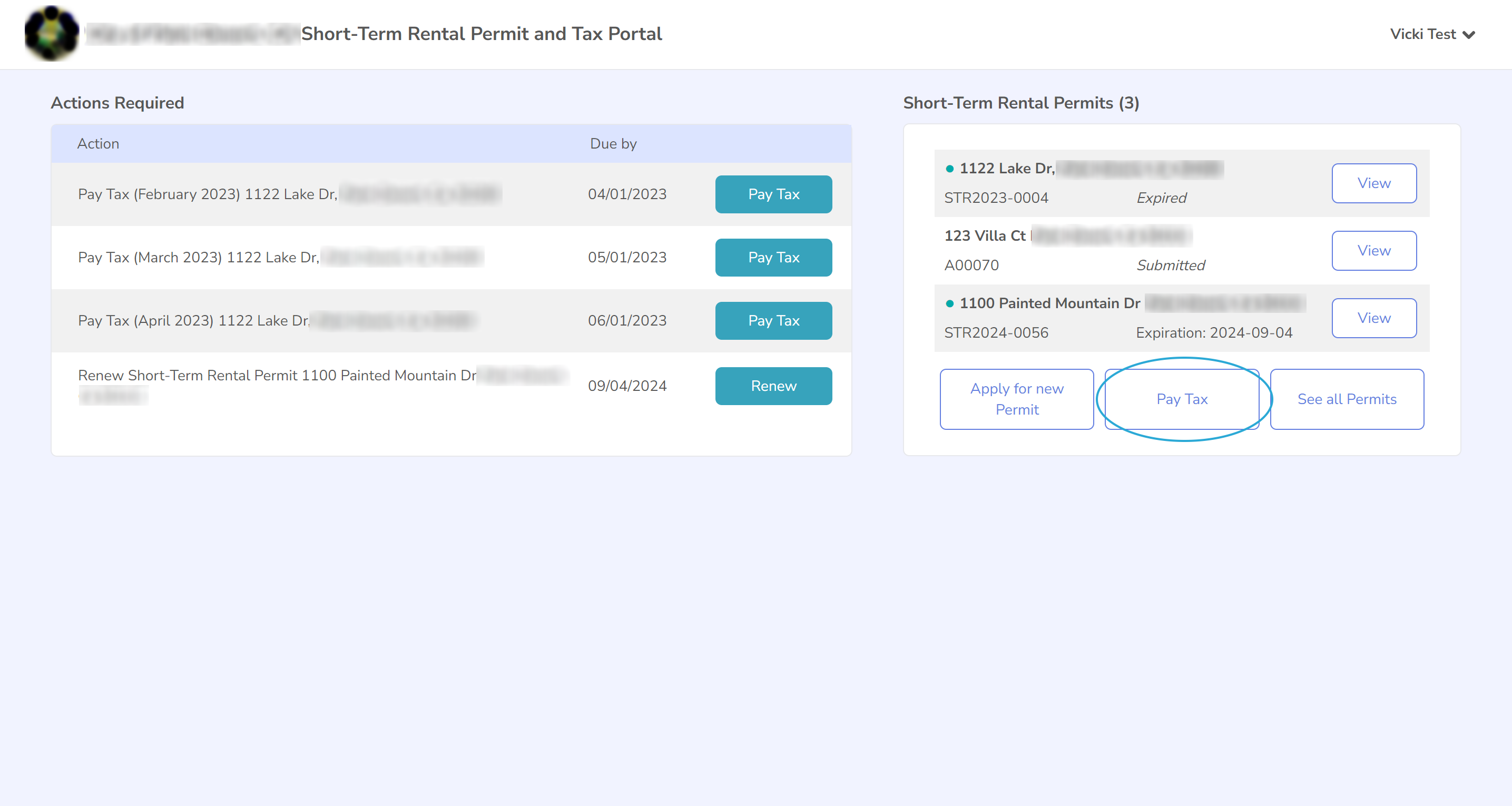 Screenshot of the dashboard with the alternate Pay Tax button highlighted on the right side.