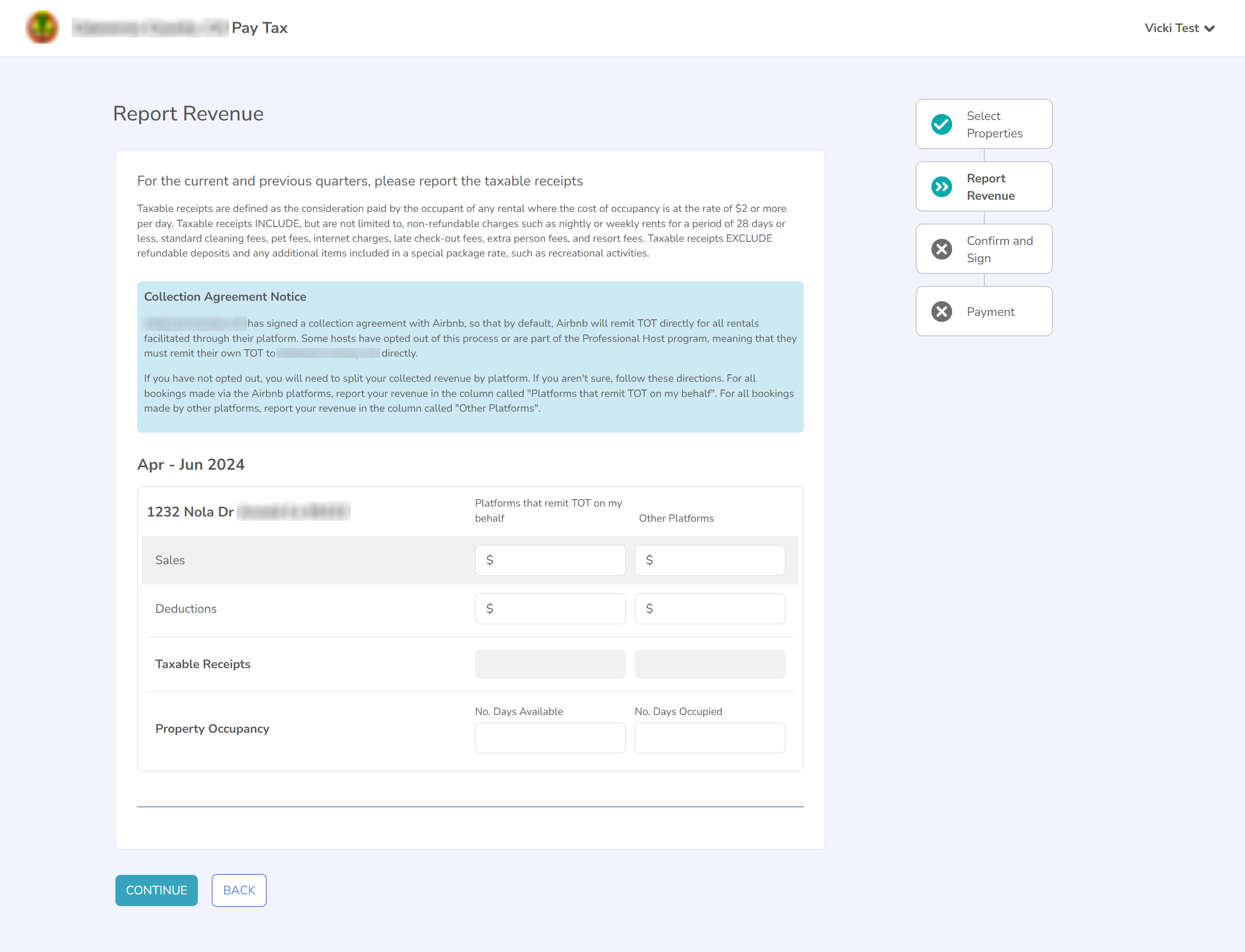 Screenshot of the Report Revenue page with Collection Agreement Notice and revenue entry fields.