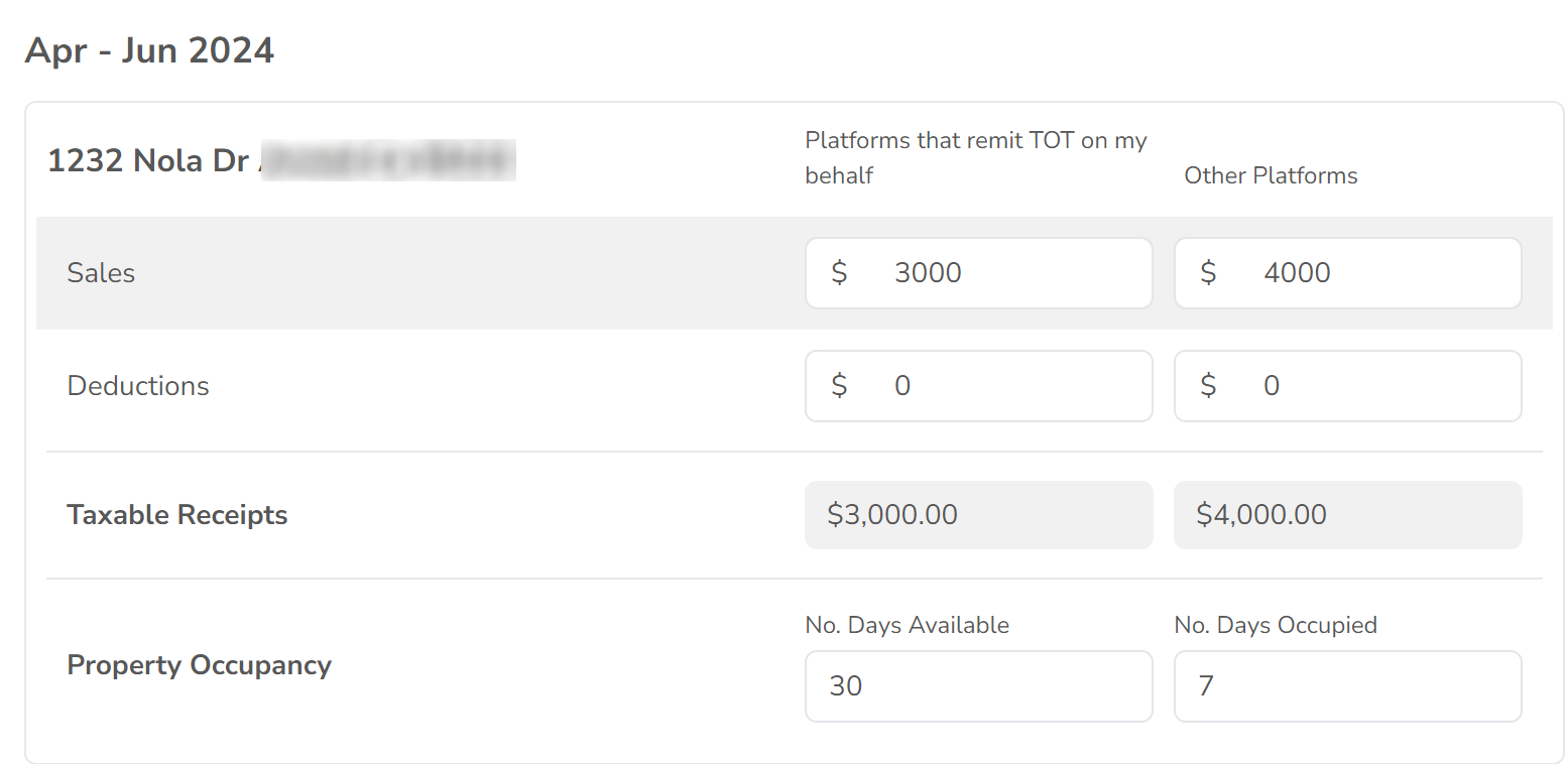Screenshot of revenue fields showing platforms that remit TOT on behalf and Other Platforms columns.