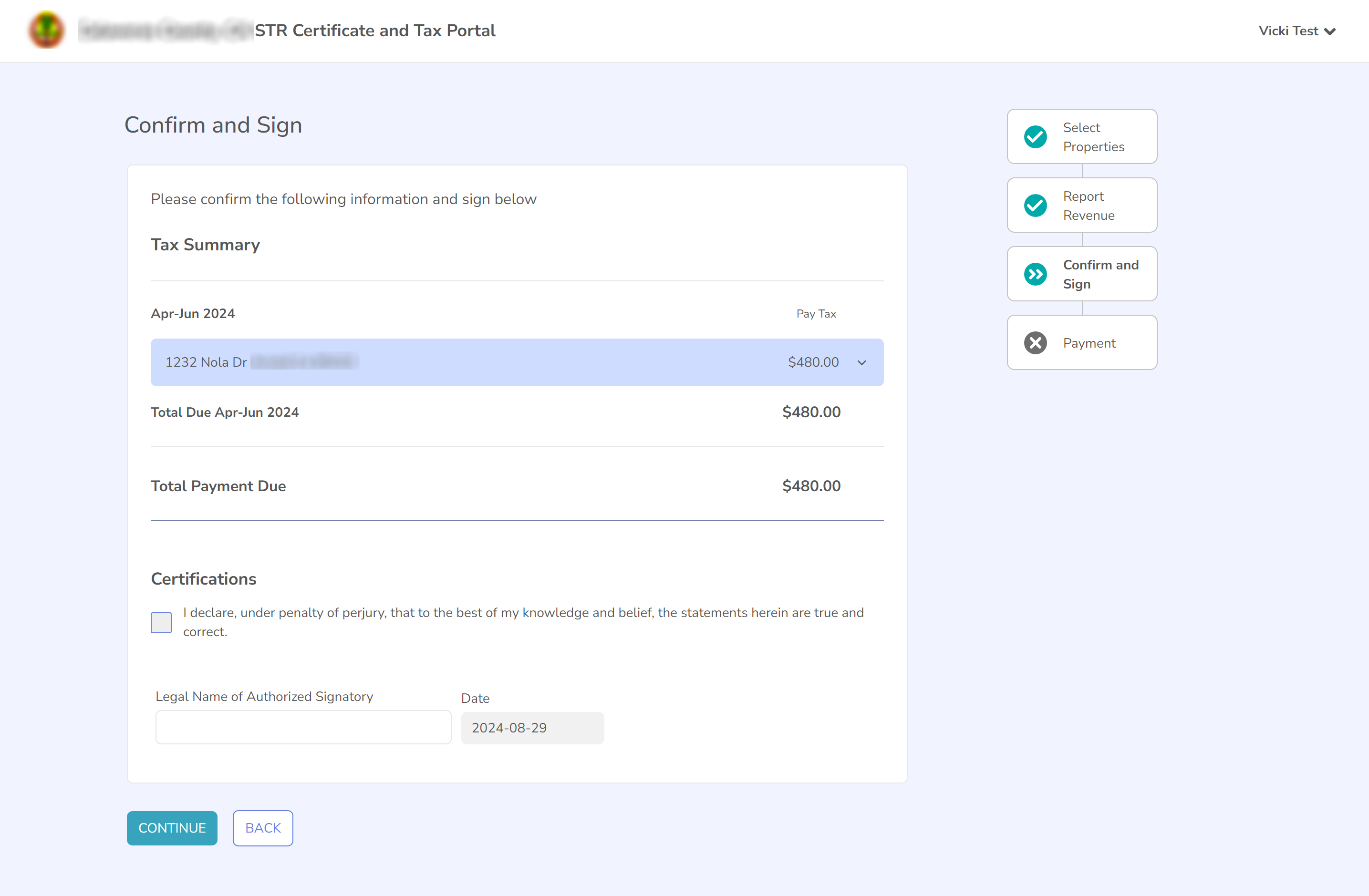 Screenshot of the Confirm and Sign page showing tax summary, certification checkbox and legal name field.