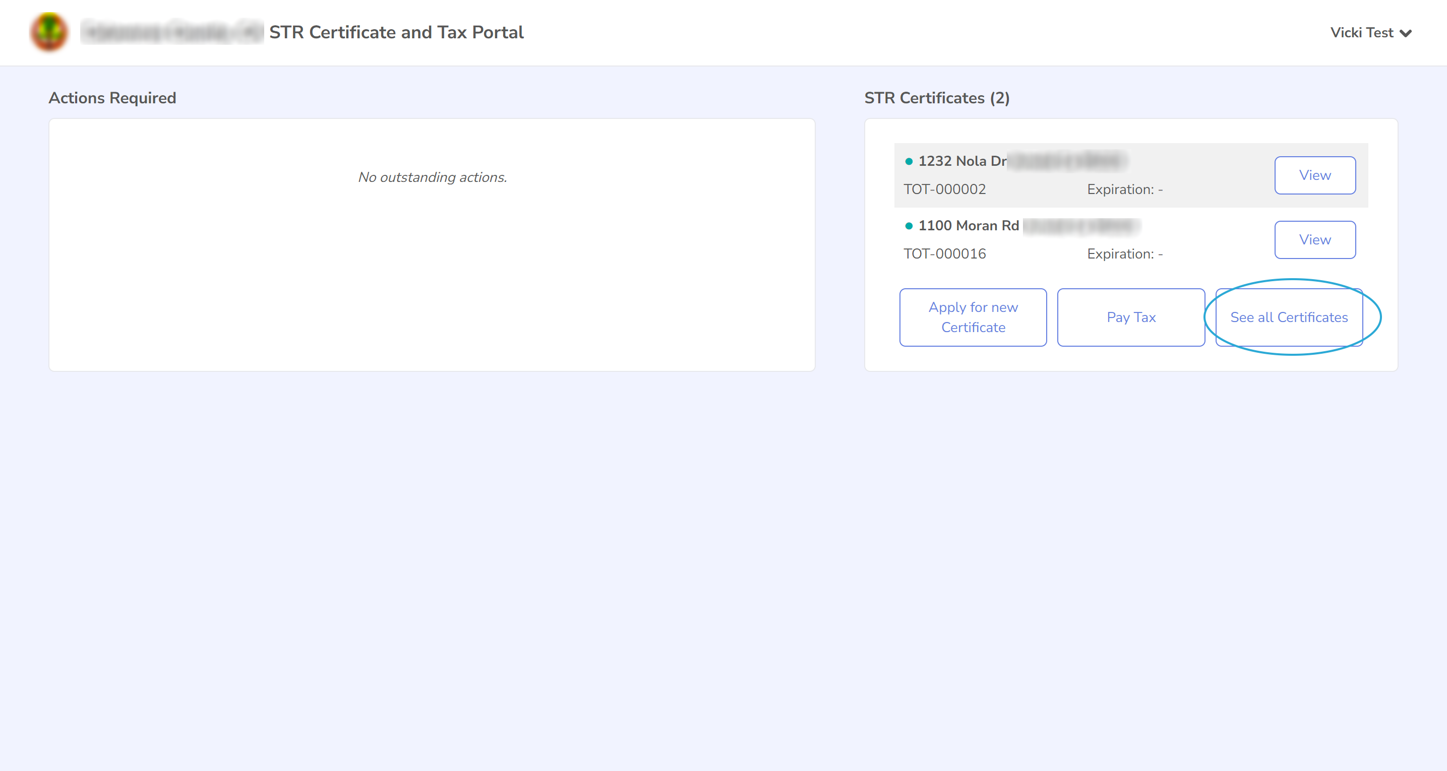 Screenshot of the dashboard with the See all Certificates button highlighted.