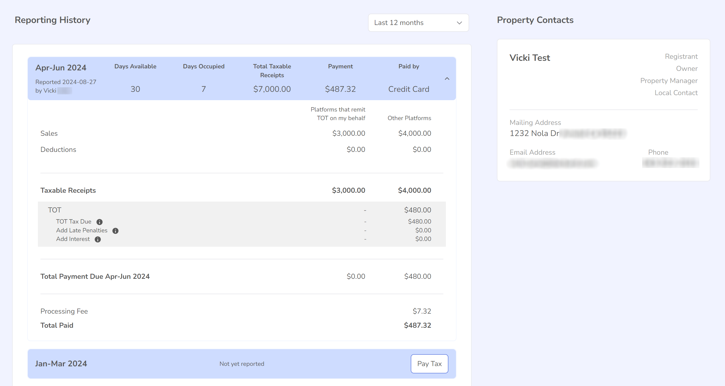 Screenshot of the expanded reporting history showing tax calculation details for a reporting period.