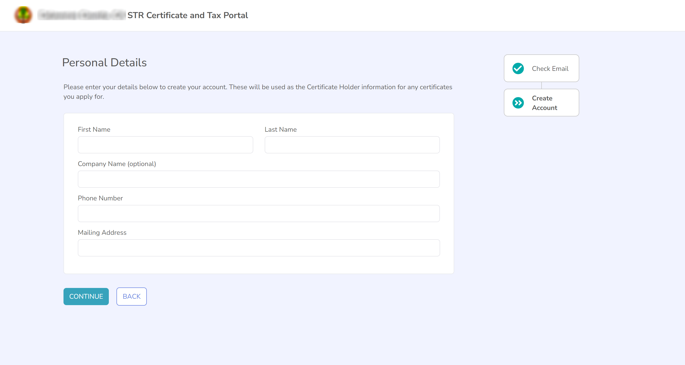 Screenshot of the Personal Details form with fields for first name, last name, company name, phone number and mailing address.