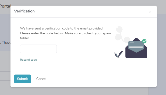Screenshot of the Verification dialog asking the user to enter the verification code sent by email.