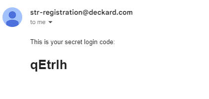 Example email message showing the secret login code sent from STR registration.