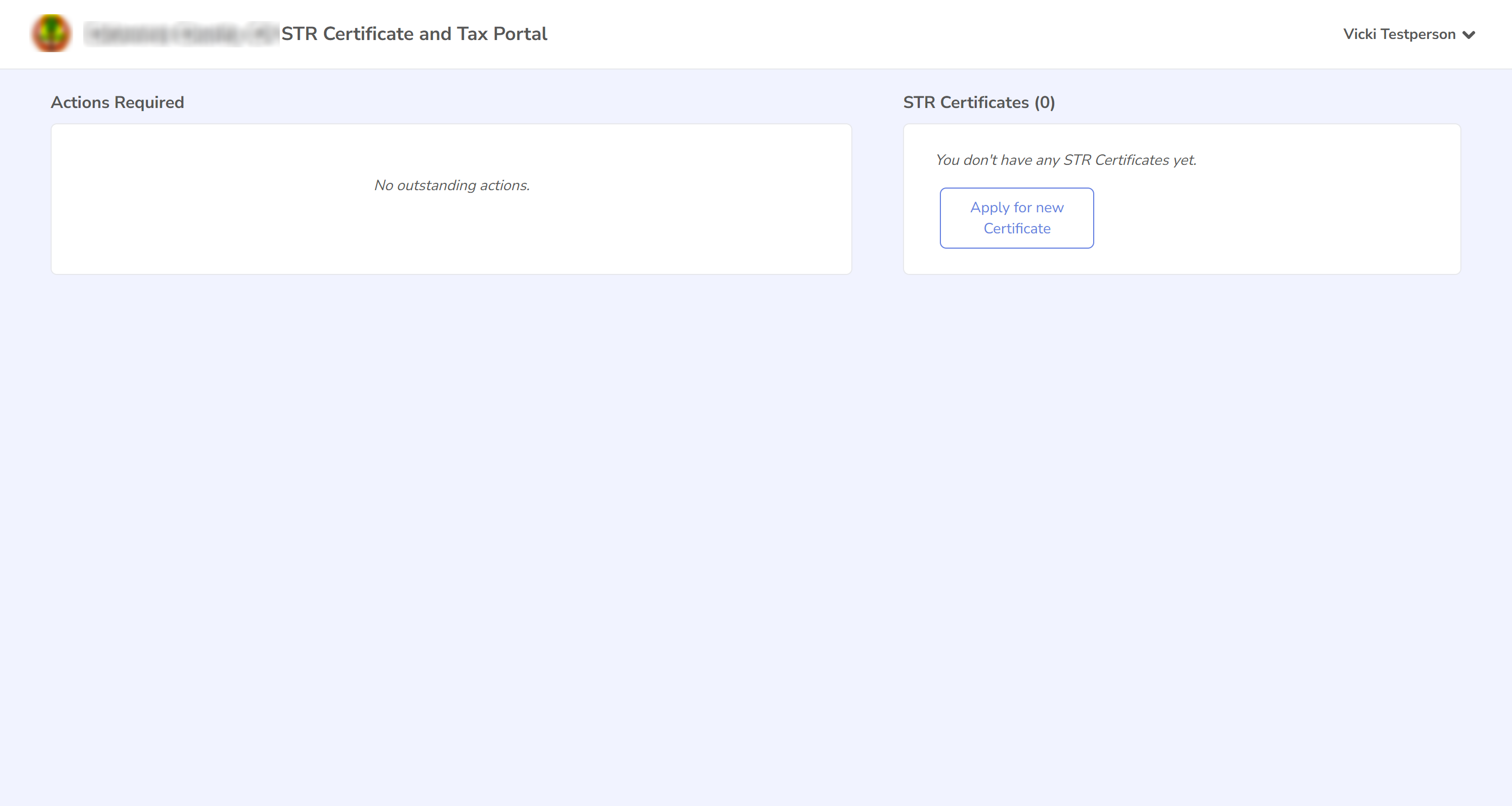 Screenshot of the Customer Portal dashboard after account creation showing Actions Required and STR Certificates sections.