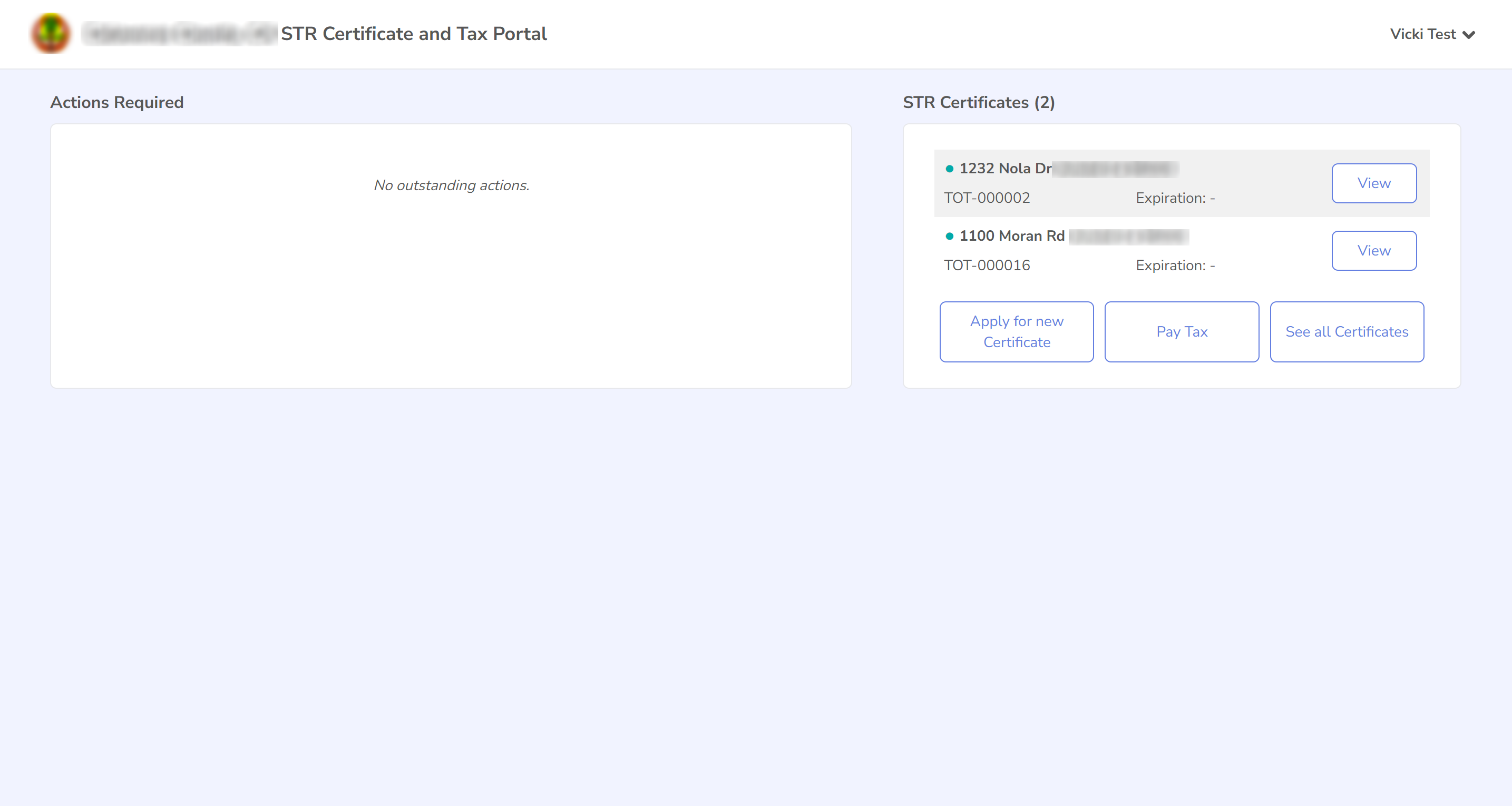 Screenshot of the Customer Portal dashboard after login showing existing STR certificate cards and action buttons.
