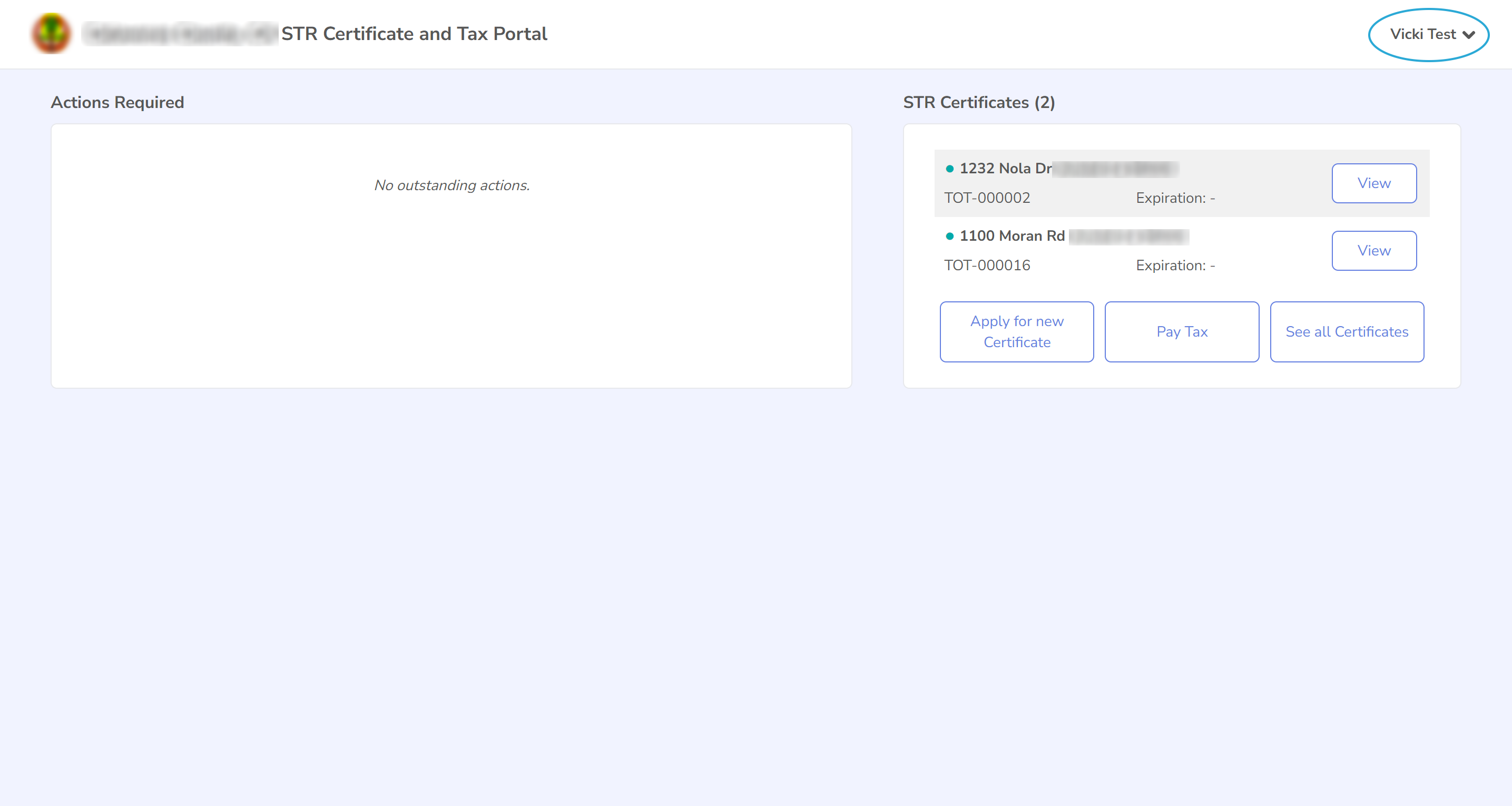 Screenshot of the dashboard with the user name menu highlighted in the top right corner.