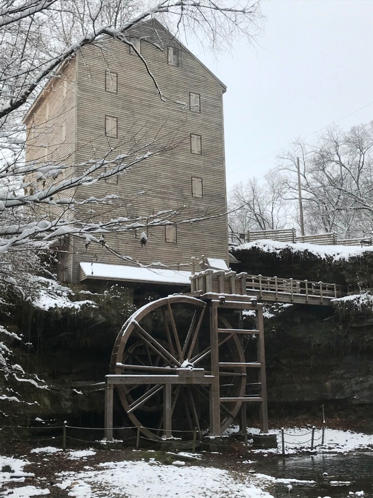 Rock Mill, a restored grist mill on the Hocking River in Fairfield County, in winter